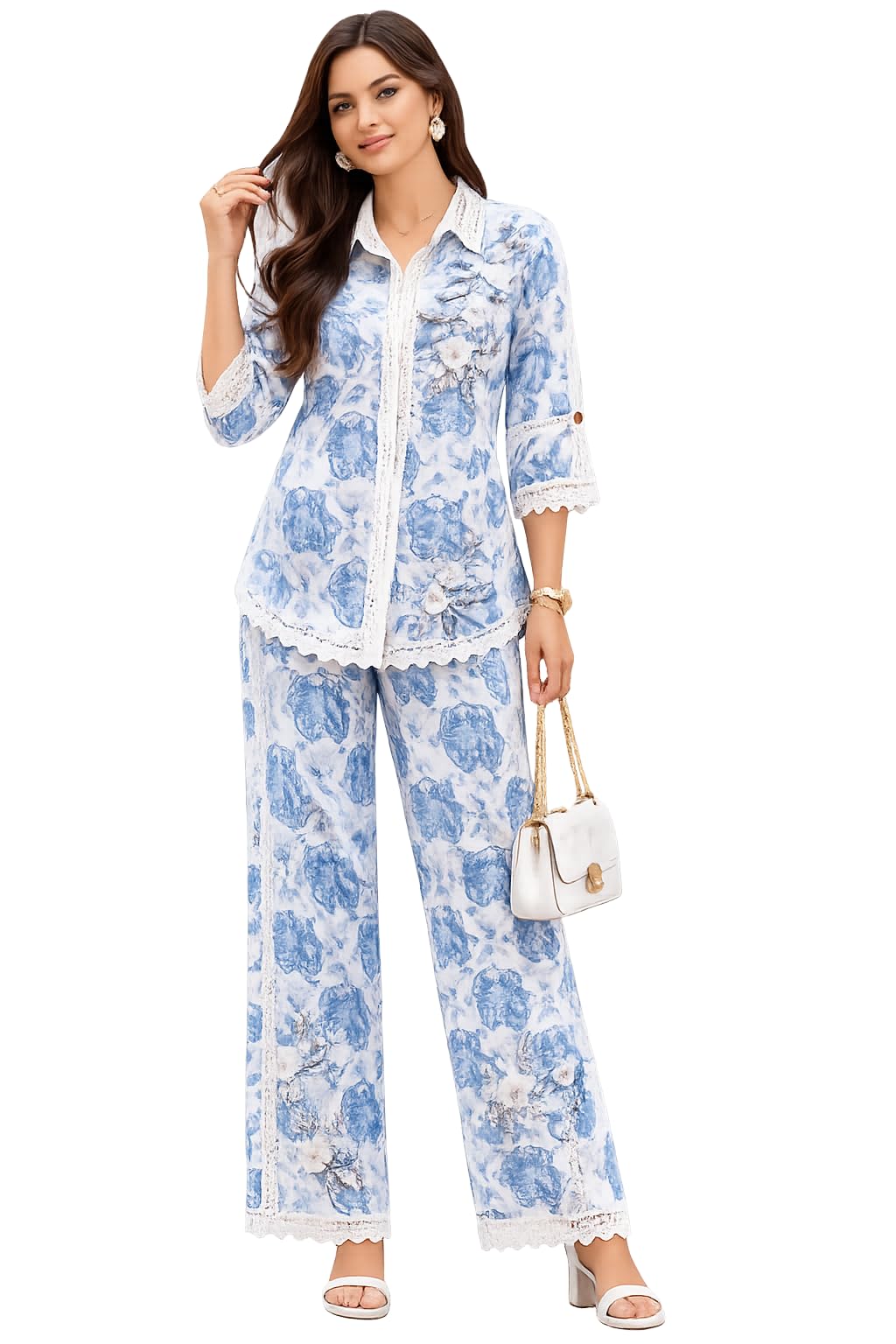 Women’s Premium 100% Cotton Embroidered Co-ord Set – Floral Print Shirt & Pant Suit with Lace Detailing, Breathable Auto Loom Fabric, Elegant Casual Wear for Women-image-35