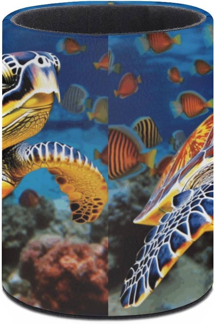PU Leather Round Pen Holder Colorful Sea Turtle Desk Organizer image 3