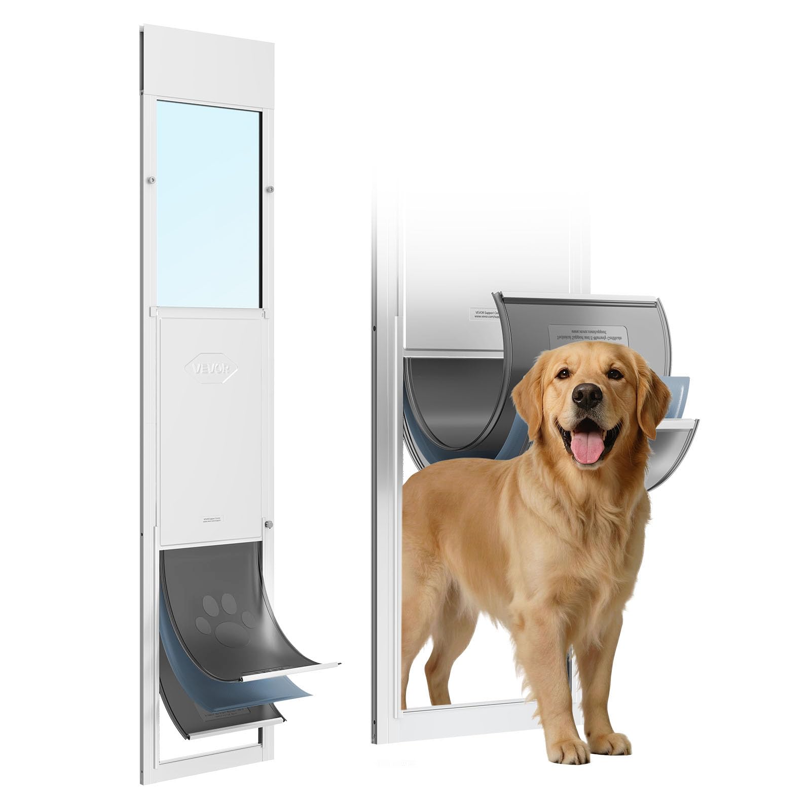 VEVOR Puerta Corrediza de Vidrio con Entrada para Perros, Altura Ajustable de 1927 a 2049 mm, Marco de Aleación de Aluminio, Puerta para Mascota 34,6 x 60 cm de 3 Capas, Compatible con Perros Grandes