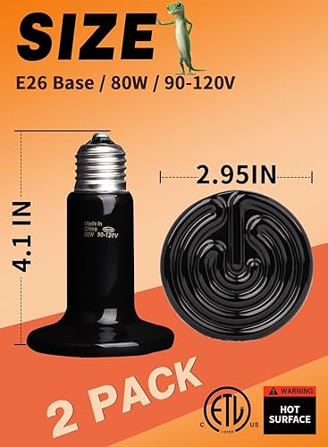 Miniatura 2 de WUHOSTAM Paquete de 2 lámparas de calor de cerámica de 80 W con 1 termómetro digital, emisor de calor infrarrojo para reptiles, bombilla para