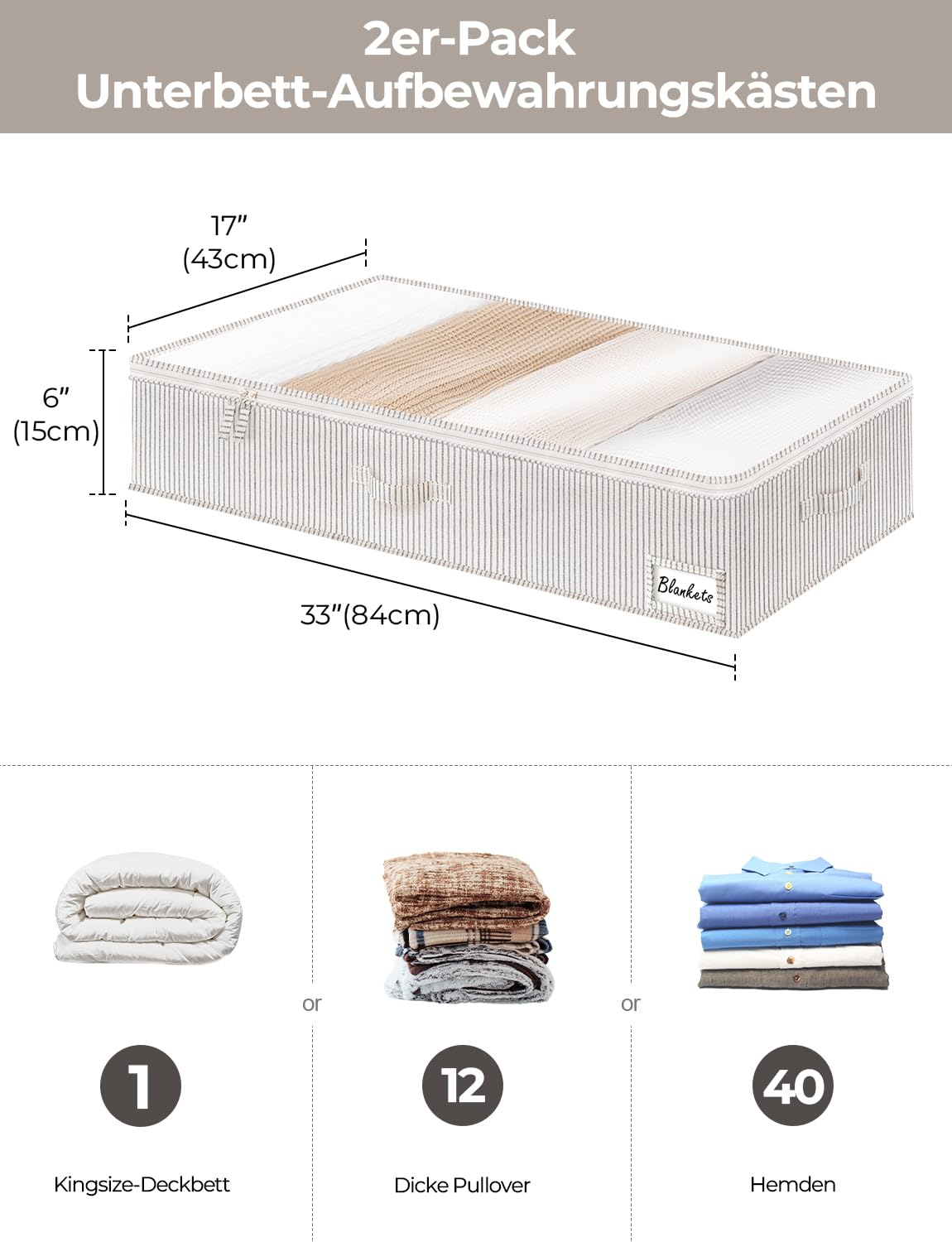 StorageWorks Scatole di archiviazione sotto il letto con coperchio, grandi contenitori per organizzare coperte e biancheria, organizzatori rigidi per abiti sotto il letto, a righe grigie e bianche