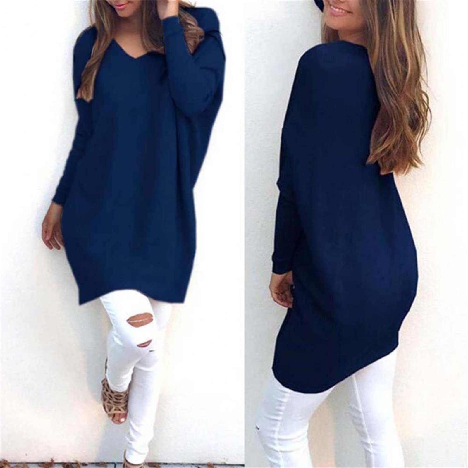 Kelsiop Damen Pullover Casual Langarm V-Ausschnitt Lose Strickpullover Top Pullover Mode Lose Shirt