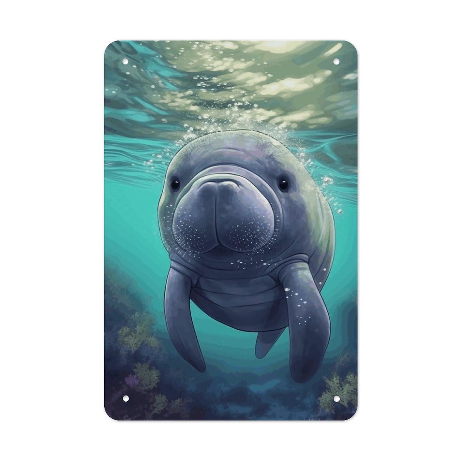 QMNLKH Cute Sea Animal Manatee Plaques for Wall Decor, Personalized Metal Tin Sign for Home, Multifunctional Poster for Office, Fashion Painting for Hallway, Wall Art Pictures, 7.9x11.8Inch