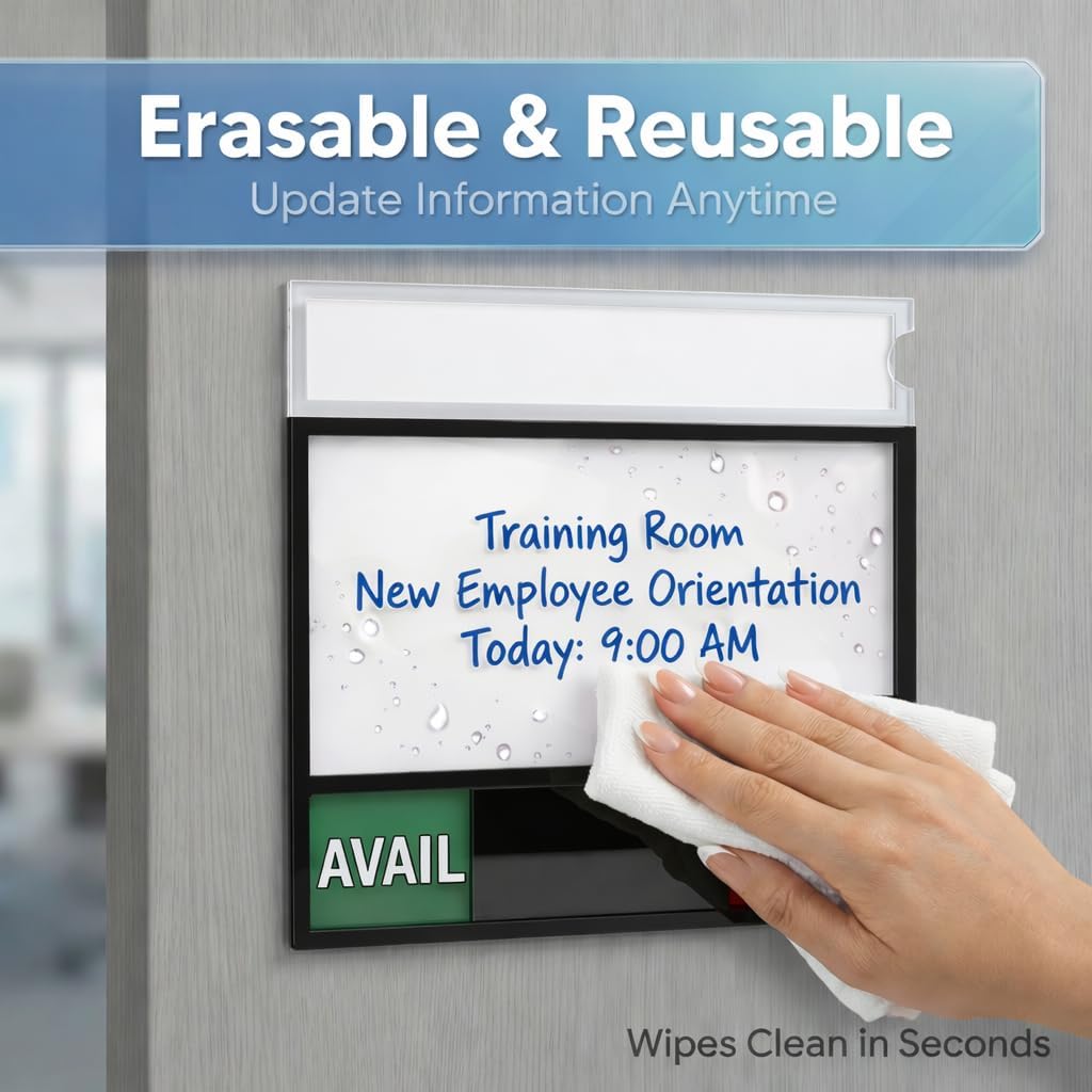 Conference Room Door Sign with Slider – Office Door Sign for Meeting Room, 3-Zone Writable Whiteboard & DIY Paper Insert Slot, 8 Status Options, Acrylic Door Sign, No-Drill Self-Adhesive Mount（Black）