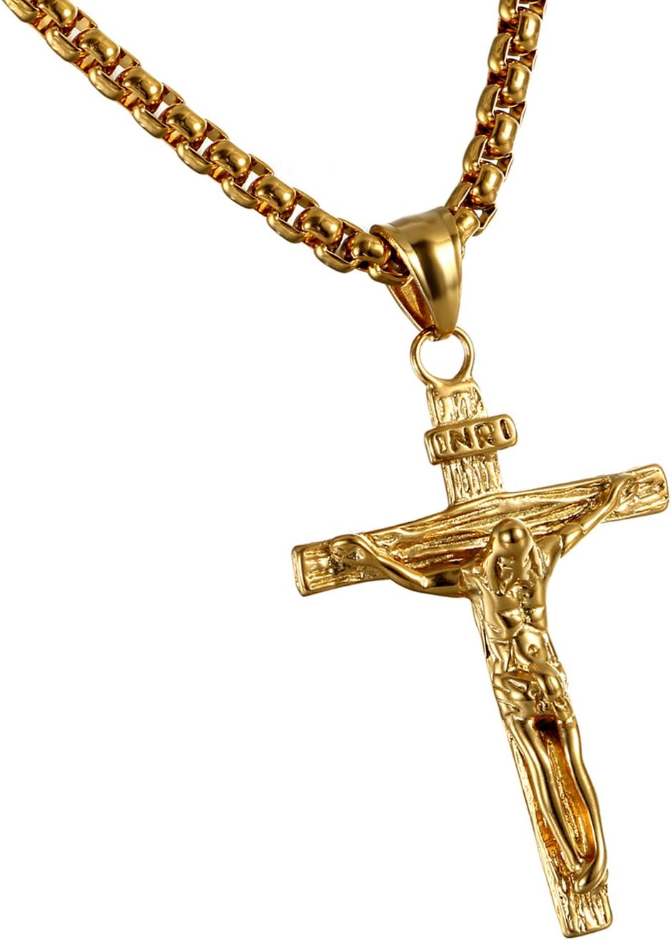 CupimatchCupimatch Mens Stainless Steel Jesus Christ Crucified Cross Pendant Necklace Chain Golden