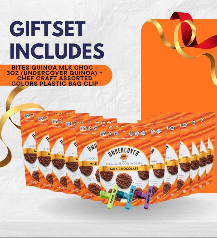 12x Quinoa Milk Chocolate Bites 3 oz Bundle with Plastic Bag Clip — Crunchy No Gluten, Coated in Smooth Milk Chocolate Quinoa Crisps for Snacking or Lunch Packs — Gift Set (13 Items)