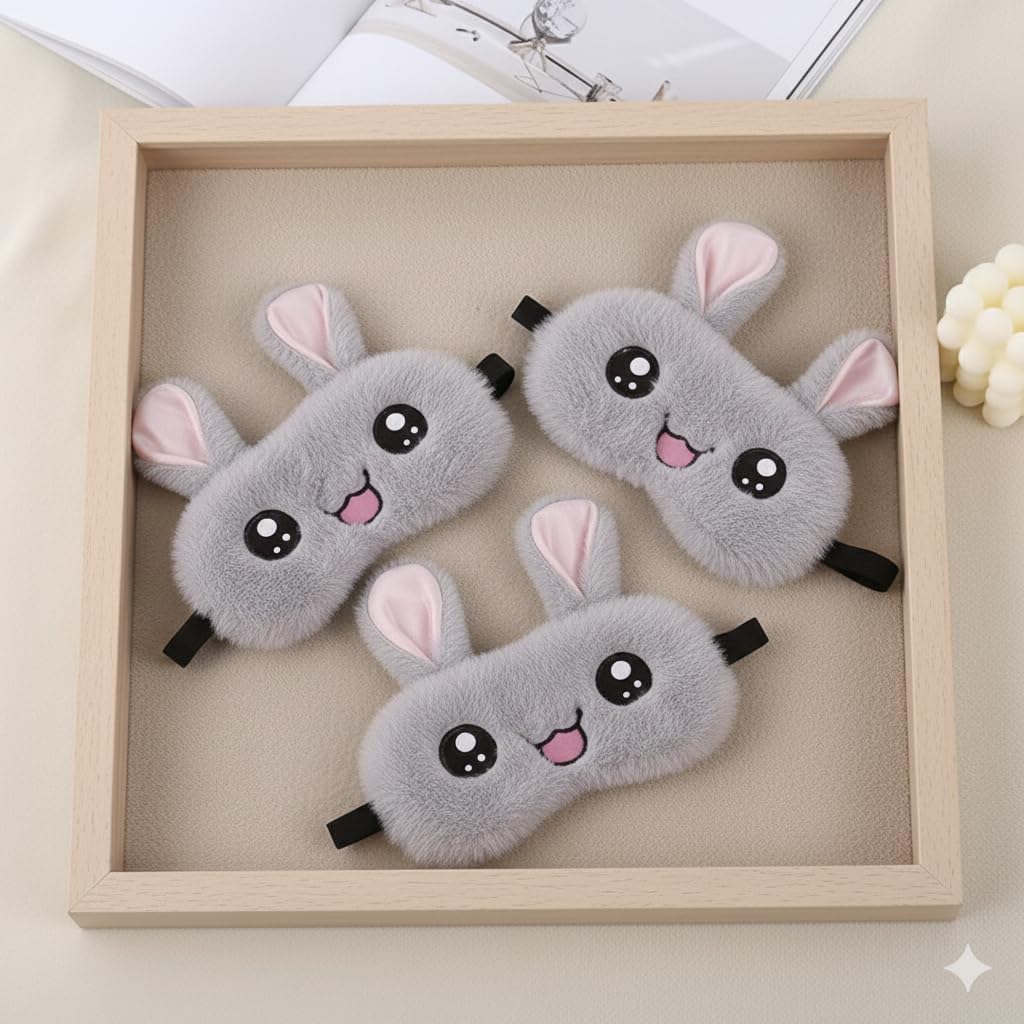 Shuddh Kaaya Cute Grey Furry Bunny Eye Mask for Sleeping (Pack of 3) - Super Soft Plush Happy Rabbit Design Masks for Kids & Girls - Fluffy Travel Eye Cover Set with Comfortable Elastic Strap-image-39