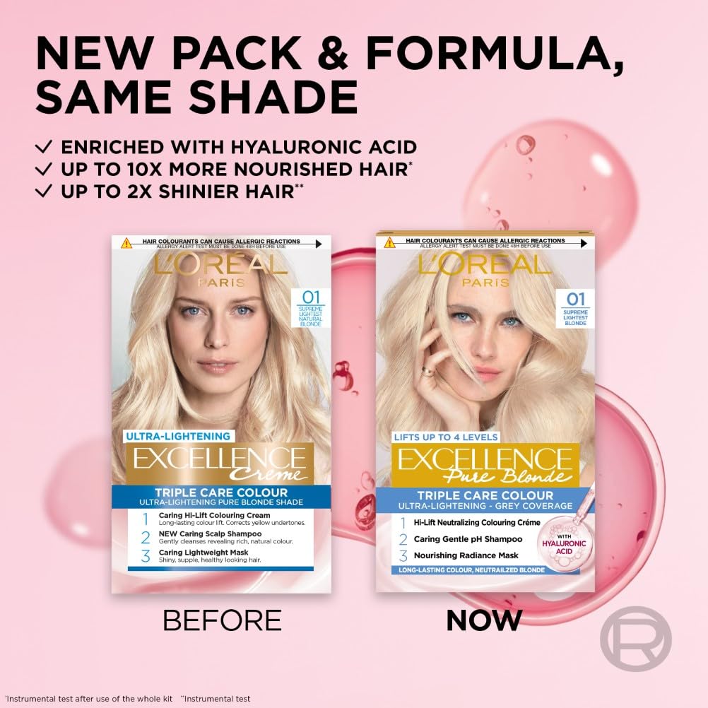L'Oreal Paris Excellence Crème Permanent Hair Dye, Triple Care Hair Color With Hyaluronic Acid For 100% Gray Coverage, 6G Light Golden Brown, 1 Kit (Packaging May Vary