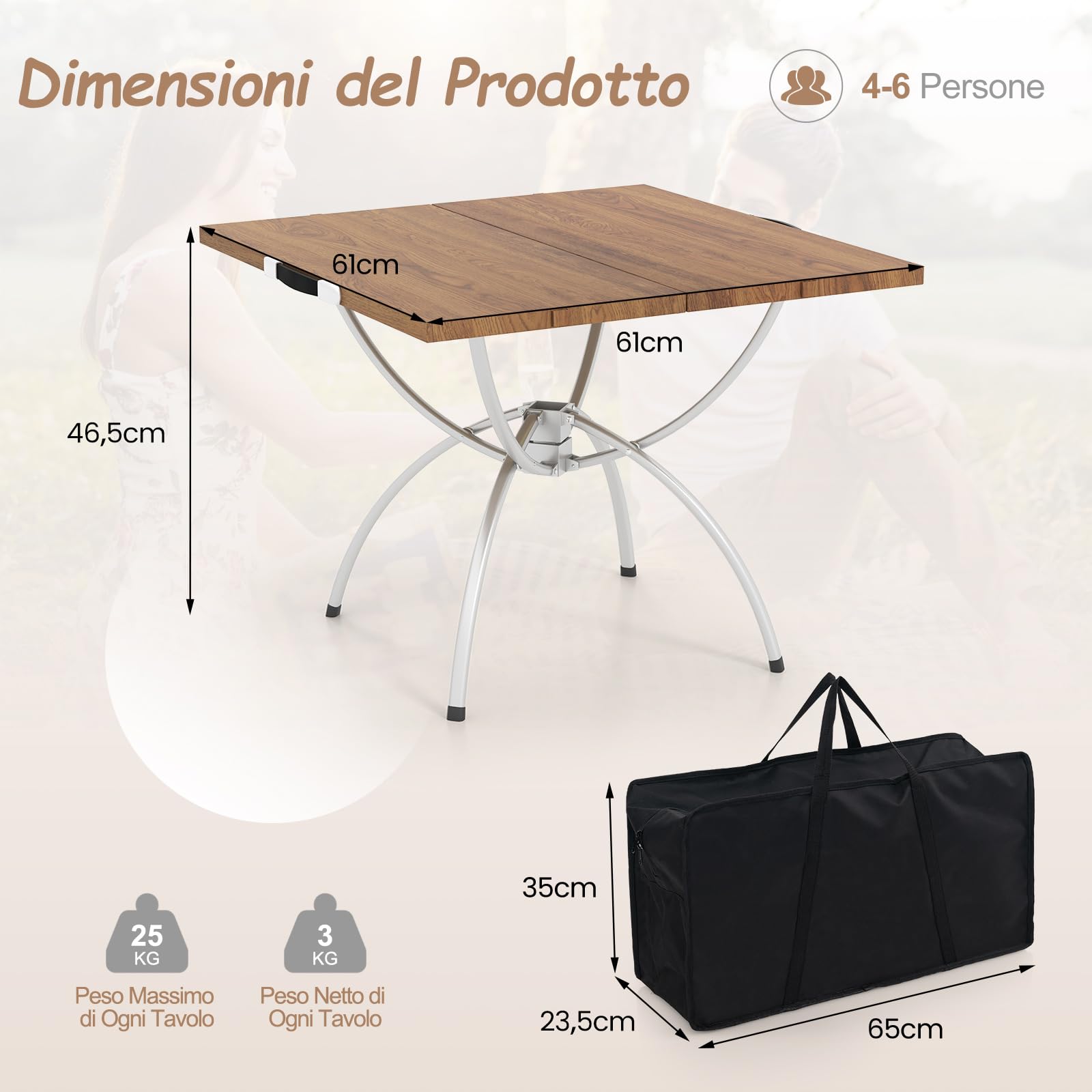 RELAX4LIFE Set 2 Tavoli da Picnic Pieghevoli in Alluminio, Estensibile 120x60 cm, Portatile per Campeggio/Pesca, Piano Finto Legno, Max 25 kg, Borsa Trasporto