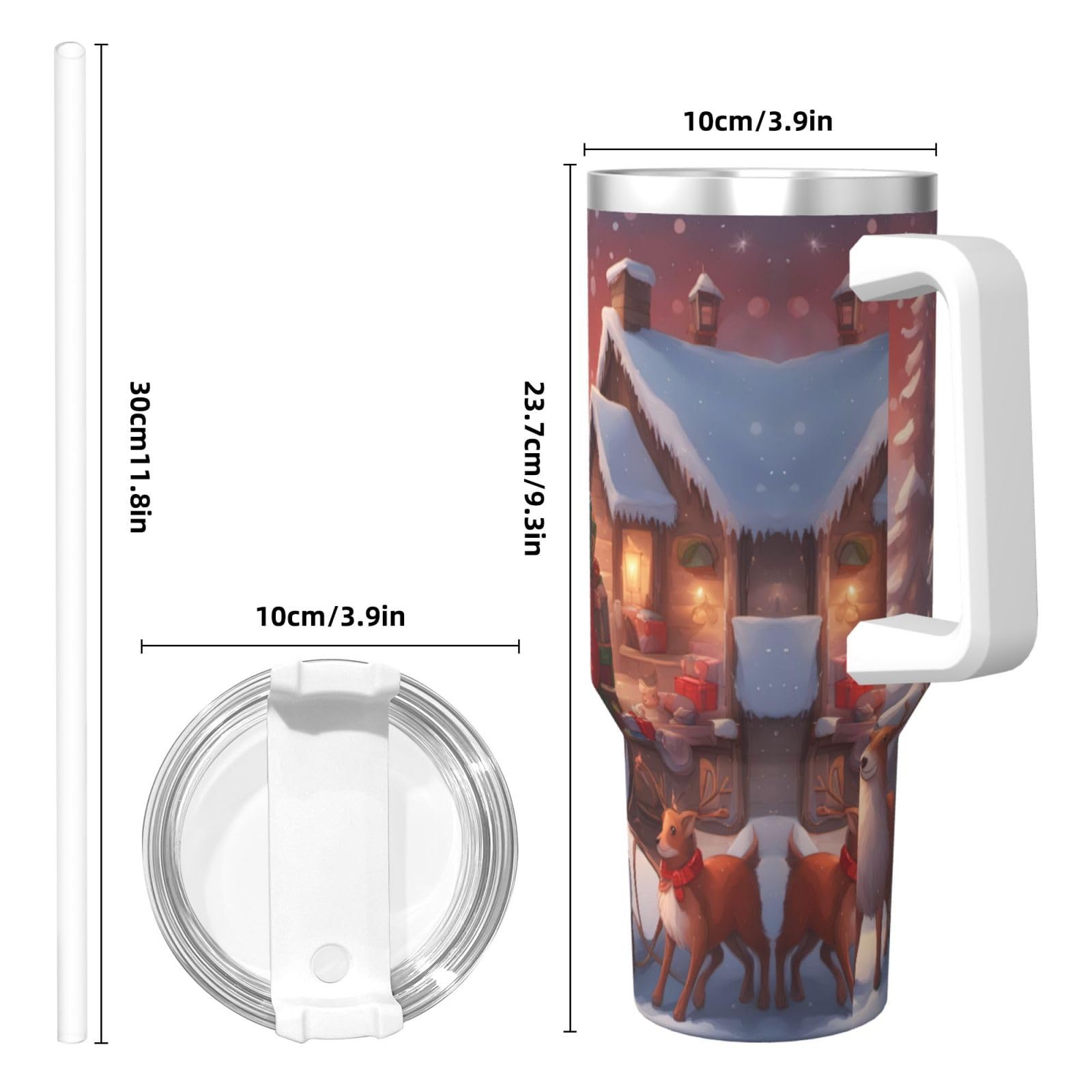 Taza instantánea de doble pared con estampado de Papá Noel de invierno de 40 onzas con tapa de asa y pajita, adecuada para batidos de agua, batidos