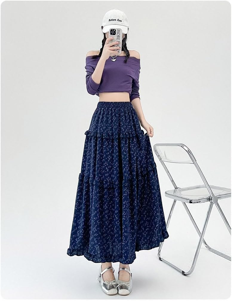 materasu Women's Elastic High Waist Pleated A-Line Flared Maxi Skirts - Image 3