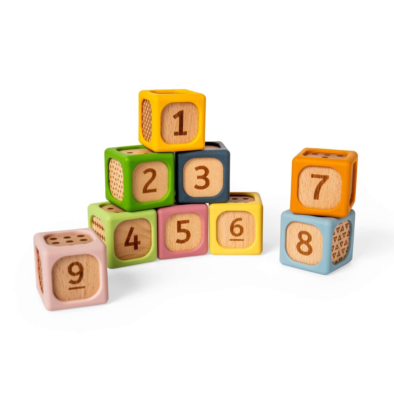 Bigjigs Toys Miękkie klocki do sortowania, zestaw silikonowych i drewnianych klocków dla niemowląt, kostki Montessori do układania w stos, miękkie zestawy kostek z numerami, zestaw zabawek dla dzieci