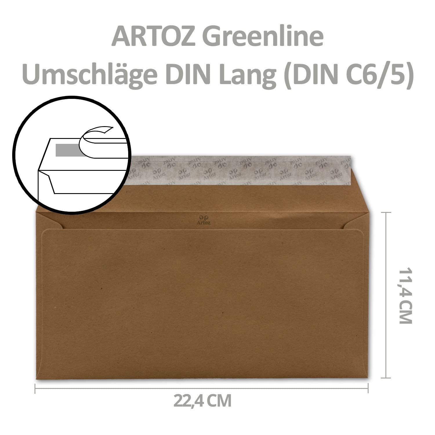 ARTOZ 200 buste per lettere, formato DIN lungo, colore: grocer kraft (carta kraft marrone scuro), 11,4 x 22,4 cm, con chiusura adesiva e striscia adesiva, serie Greenline
