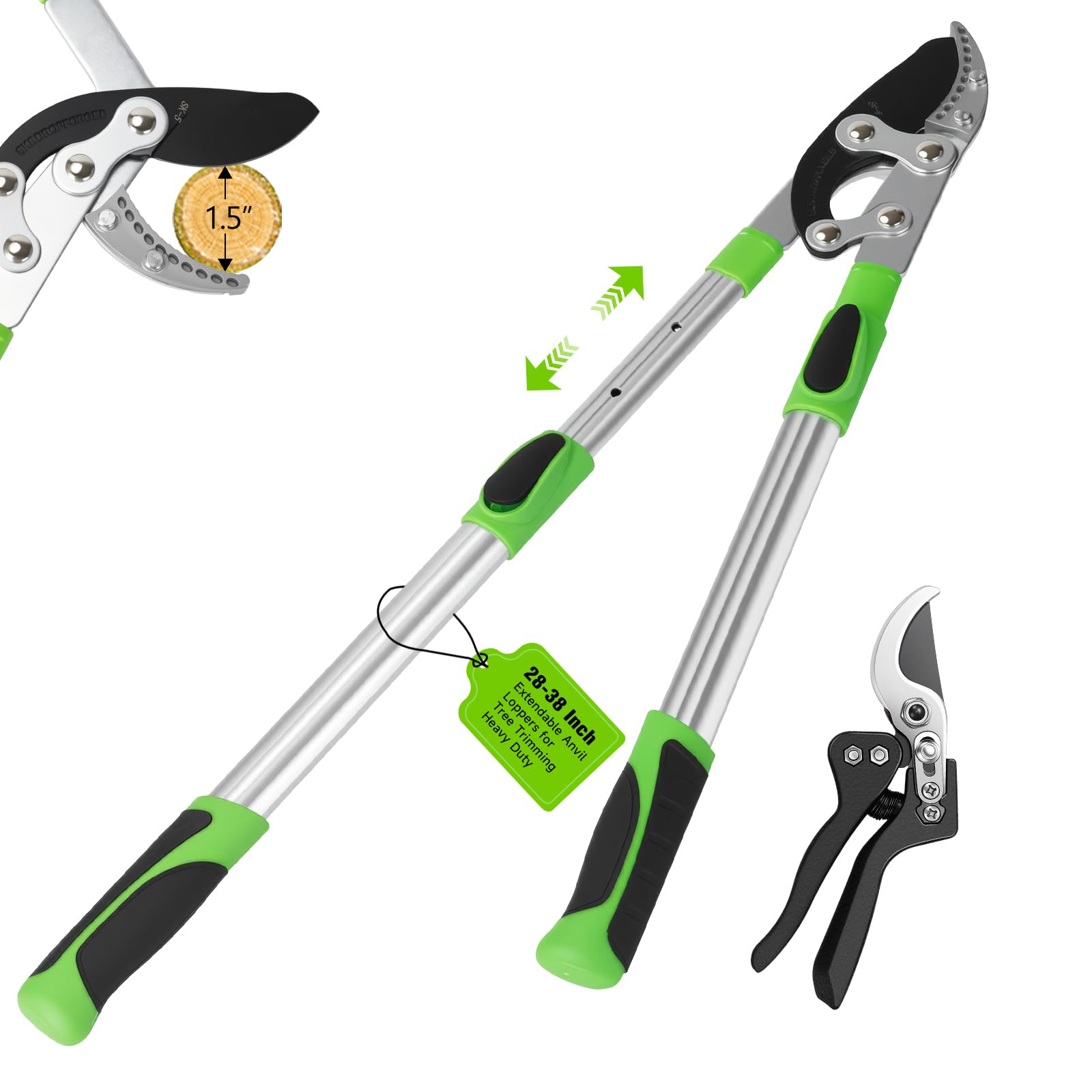 28-38" Extendable Loppers &amp; Pruning Shears Set, SK5 Compound Action 2" Cut