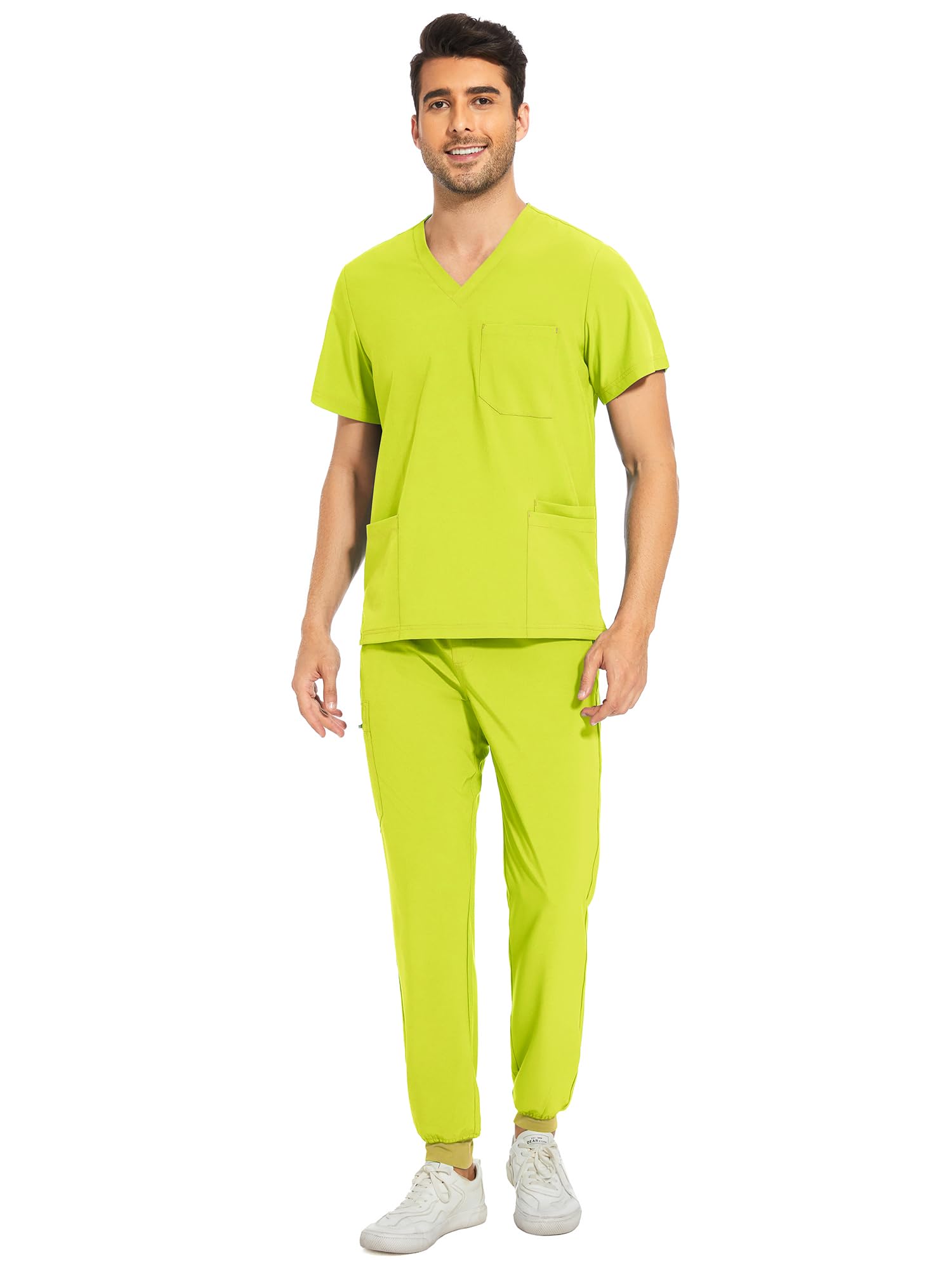 COZYFIT Men Scrubs Set — Stretch V-Neck Scrub Top & Jogger Pant with 8 Pockets, Yoga Waistband, Anti-Wrinkle Scrubs for Men