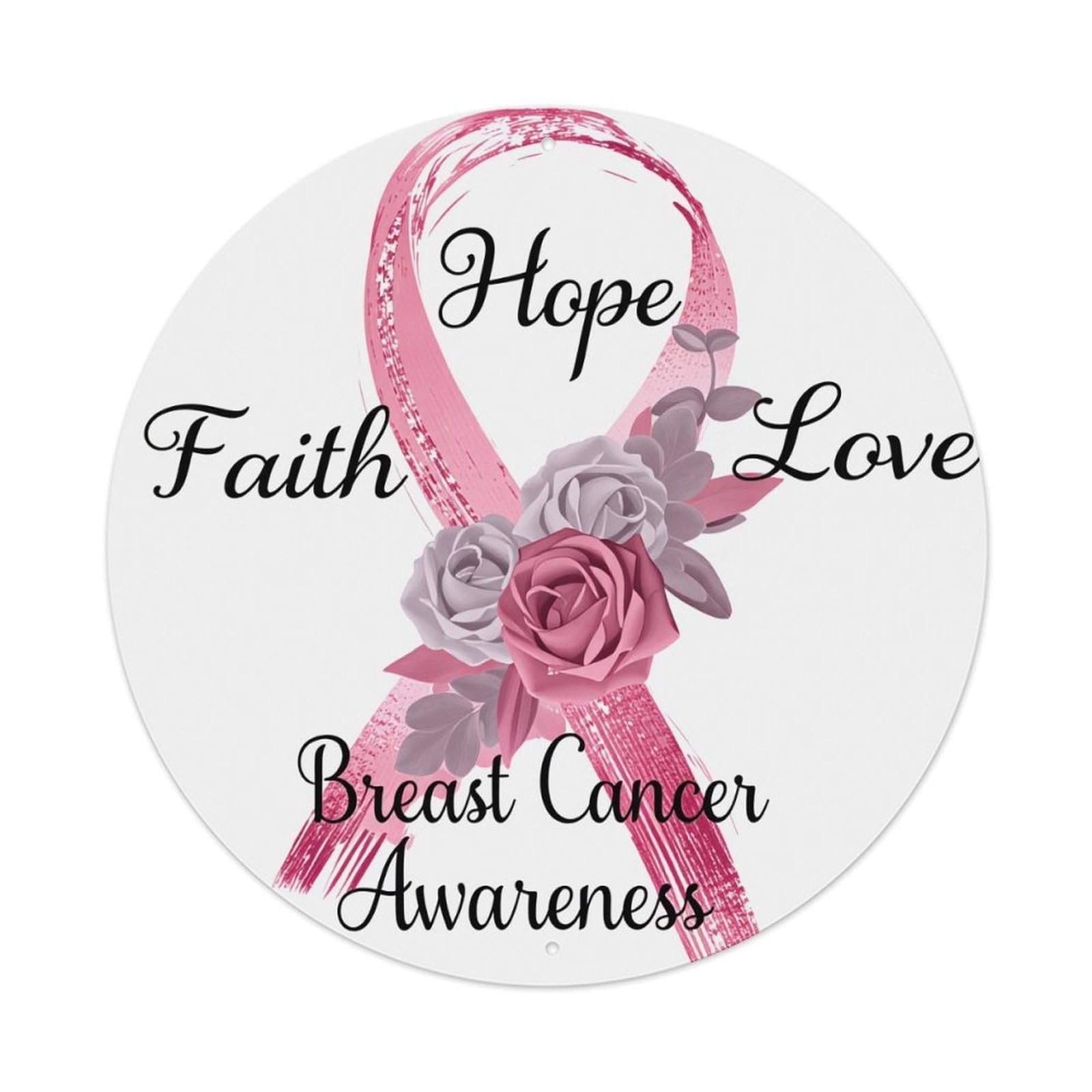 Pink Ribbon Roses Faith Hope Love Breast Cancer Awareness Round Tin Sign Retro Metal Sign for Cafe Bar Pub Home Game Room Gym Club Wall Decoration Vintage Metal Poster 8x8 Inch