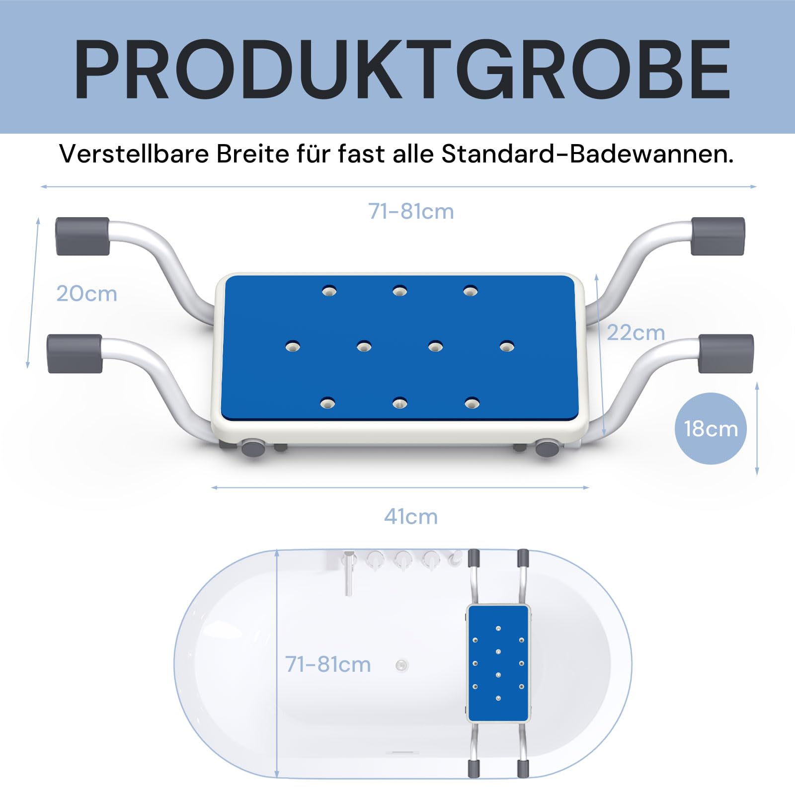 Badewannensitz Verstellbare Breite - Ergonomisches Badewannenbrett bis 136kg, Werkzeuglose Montage Badewannenhilfe für Senioren & Schwangere