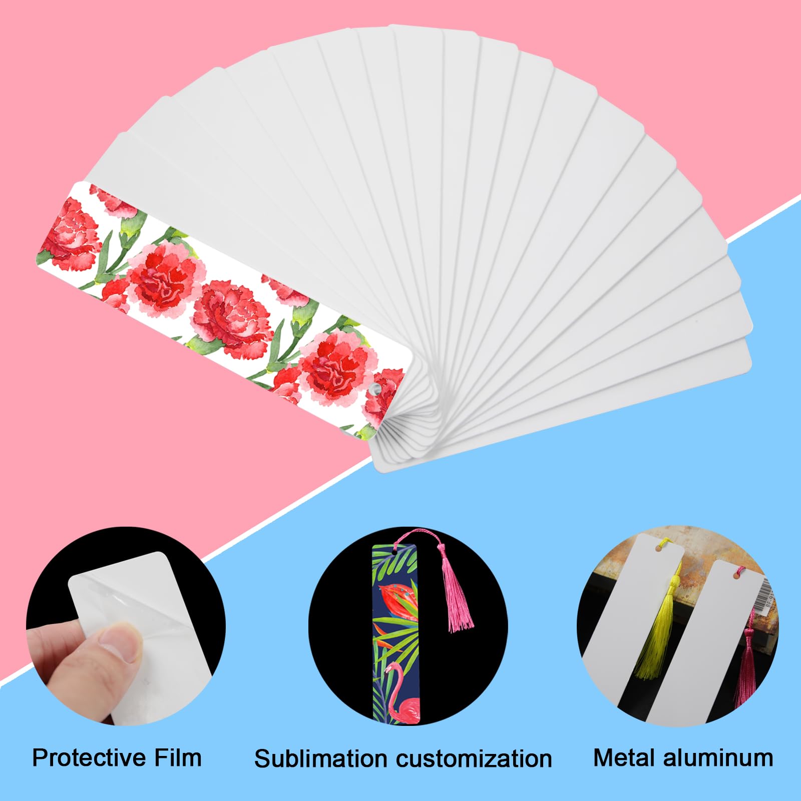 100 segnalibri a sublimazione vuoti 15 x 0,65 mm a trasferimento termico in alluminio segnalibro fai da te con foro e nappe colorate per artigianato, segnalibri vuoti con nappe personalizzate, bianco