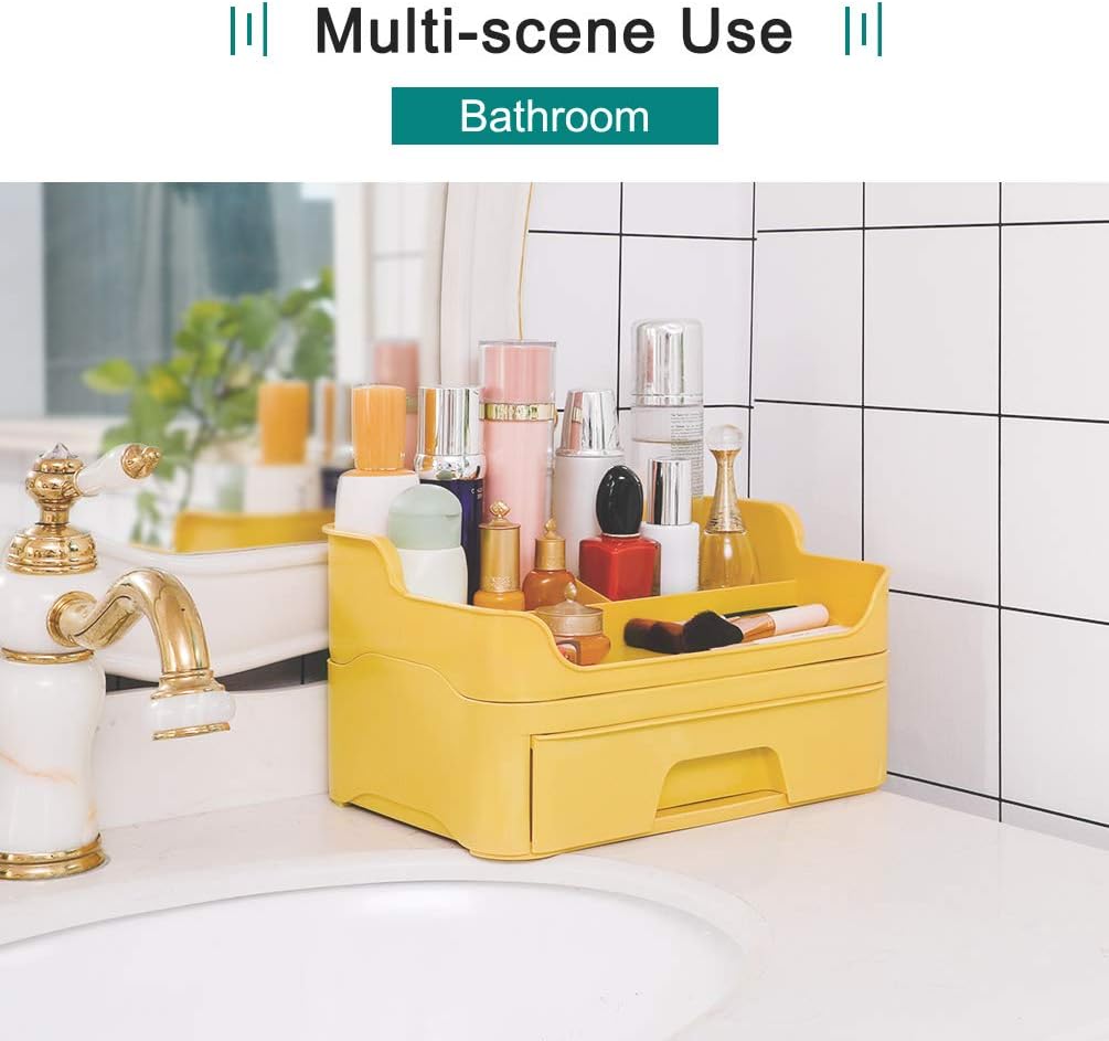 BAOYOUNI Makeup Organizer Vanity Cosmetic Display Case Countertop Dresser Jewelry Storage Box Holder Plastic Container, 3 Top Compartments & 1 Drawer : Beauty & Personal Care