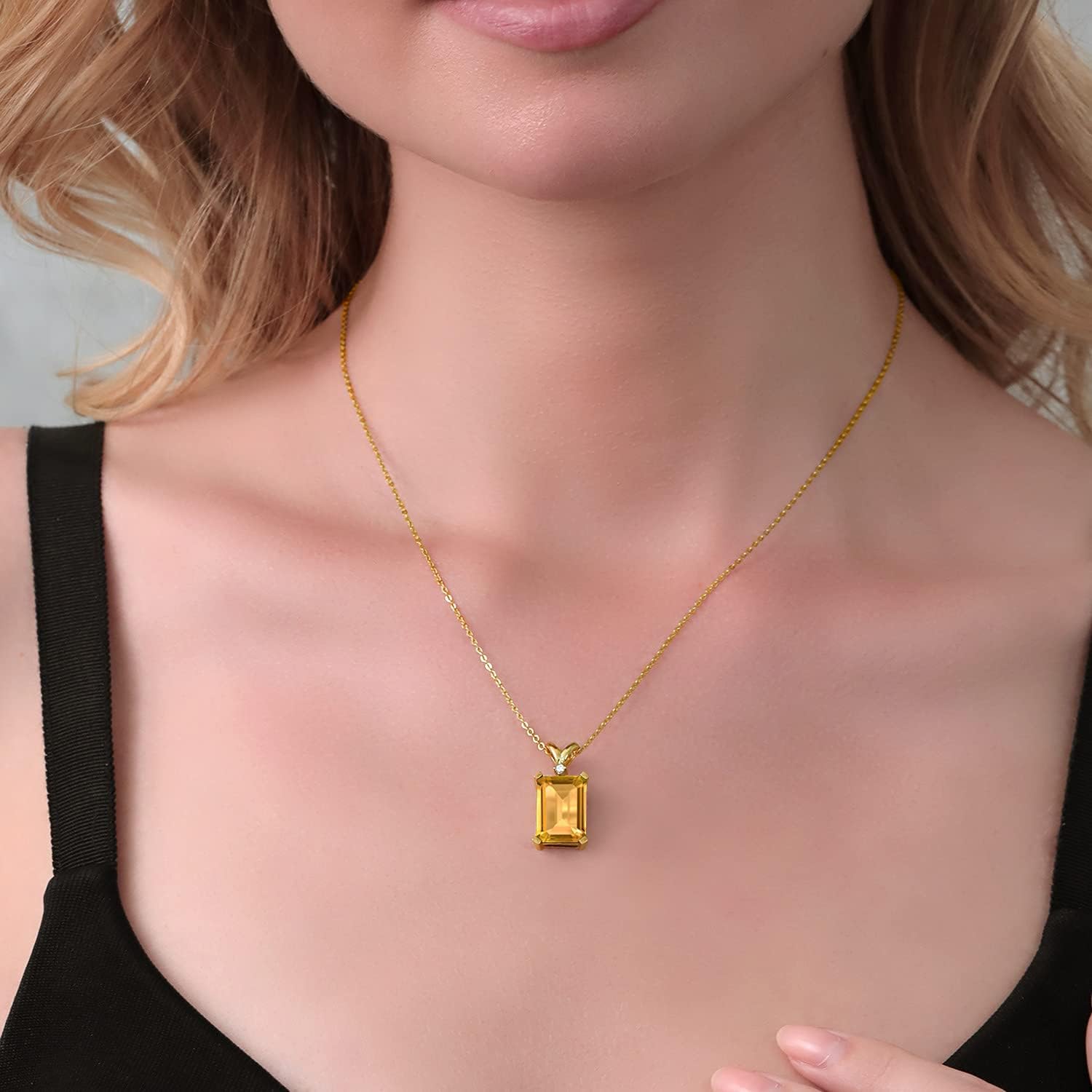 Gem Stone King 5-10 Cttw Gemstone Birthstone and White Diamond Pendant Necklace for Women | 18K Yellow Gold Plated Silver | Emerald Cut 14X10MM with 1MM Round Accent | 18 Inch Chain - Image 3
