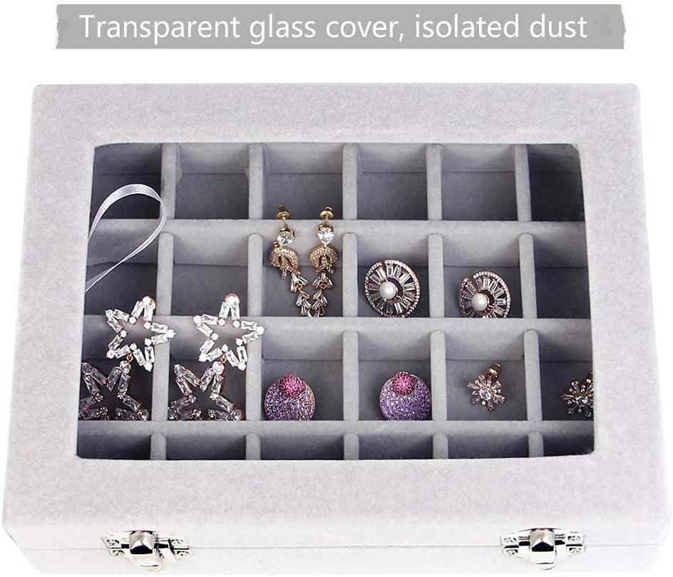 24 Grids PU Velour Leather Multipurpose Jewellery Storage Box Ring/Earrings/Necklace Tray Display Case Organizer - Grey
