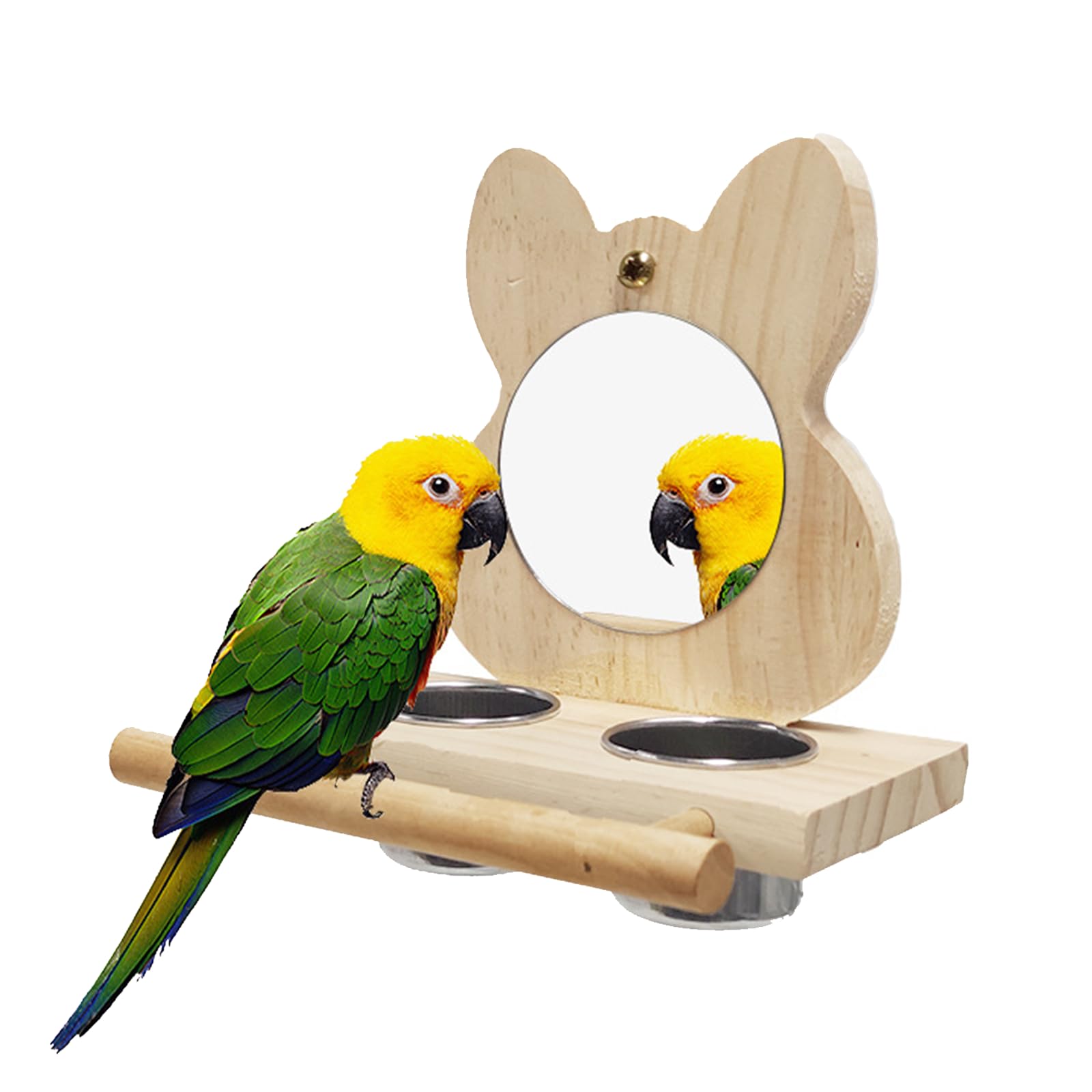 Vokowin Bird Perch with Mirror and Stainless Steel Feeding Cups, Wooden Parrot Mirror Toy for Cage, Bird Food Water Feeder Perches for Budgie, Parakeet, Parrot Interactive Play Toys (K339-1)