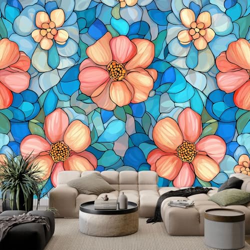 Sky Blue Photo Wallpaper, Non-Woven Prints Fleece Retro Elegant Flowers Art Wall Mural - Mural Wallpaper Decoration Poster for Bedroom Bathroom Living Room 79 x 55 inch (W x H)