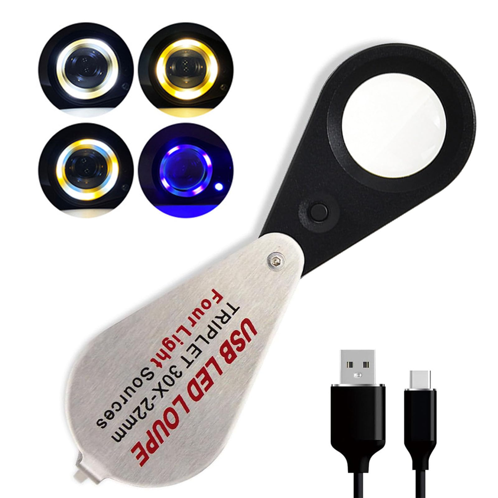 Lupa de 30X Jewelers recargable por USB con luces UV y LED, cuatro tipos de luz, lupa plegable de bolsillo iluminada para joyas de piedras preciosas, monedas, sellos, relojes