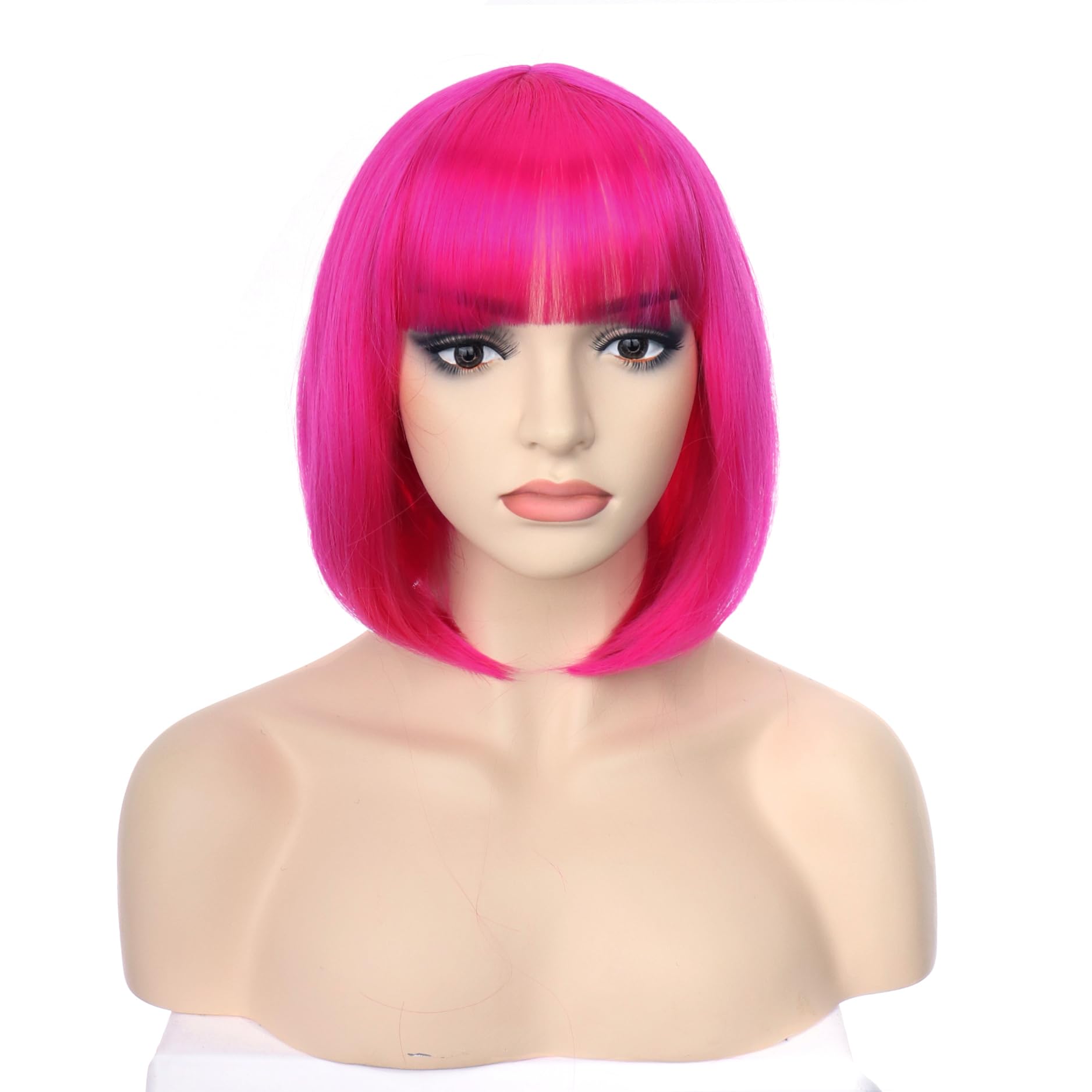 PORSMEER Short Hot Pink Bob Wigs with Fringe For Unisex Womens Girls Natural Synthetic Hair Colorful Costume Cosplay Wig for Anime Halloween Fancy Dress Party+Wig Cap - Image 2