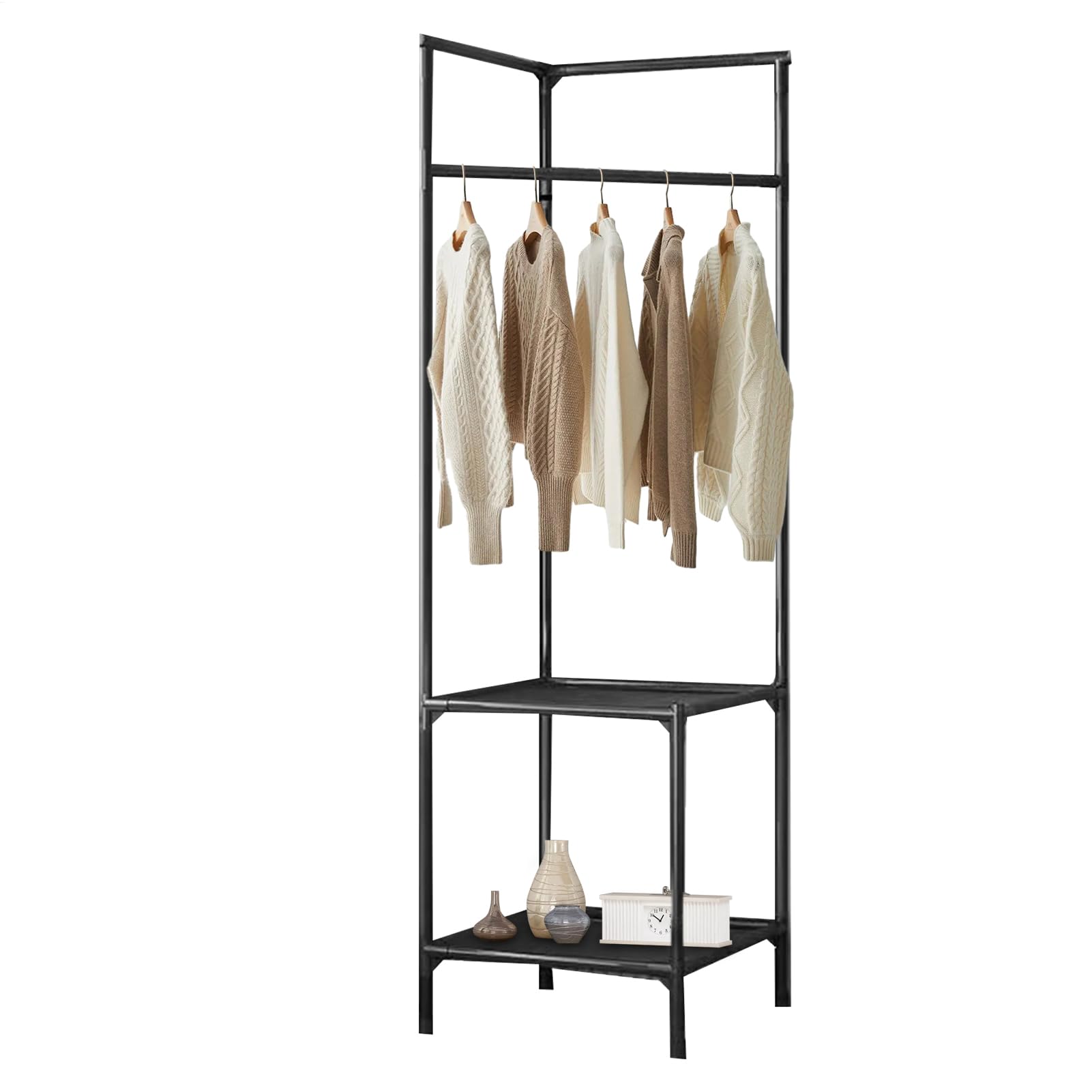 Portant à vêtements au sol en métal avec étagères de rangement et roulettes