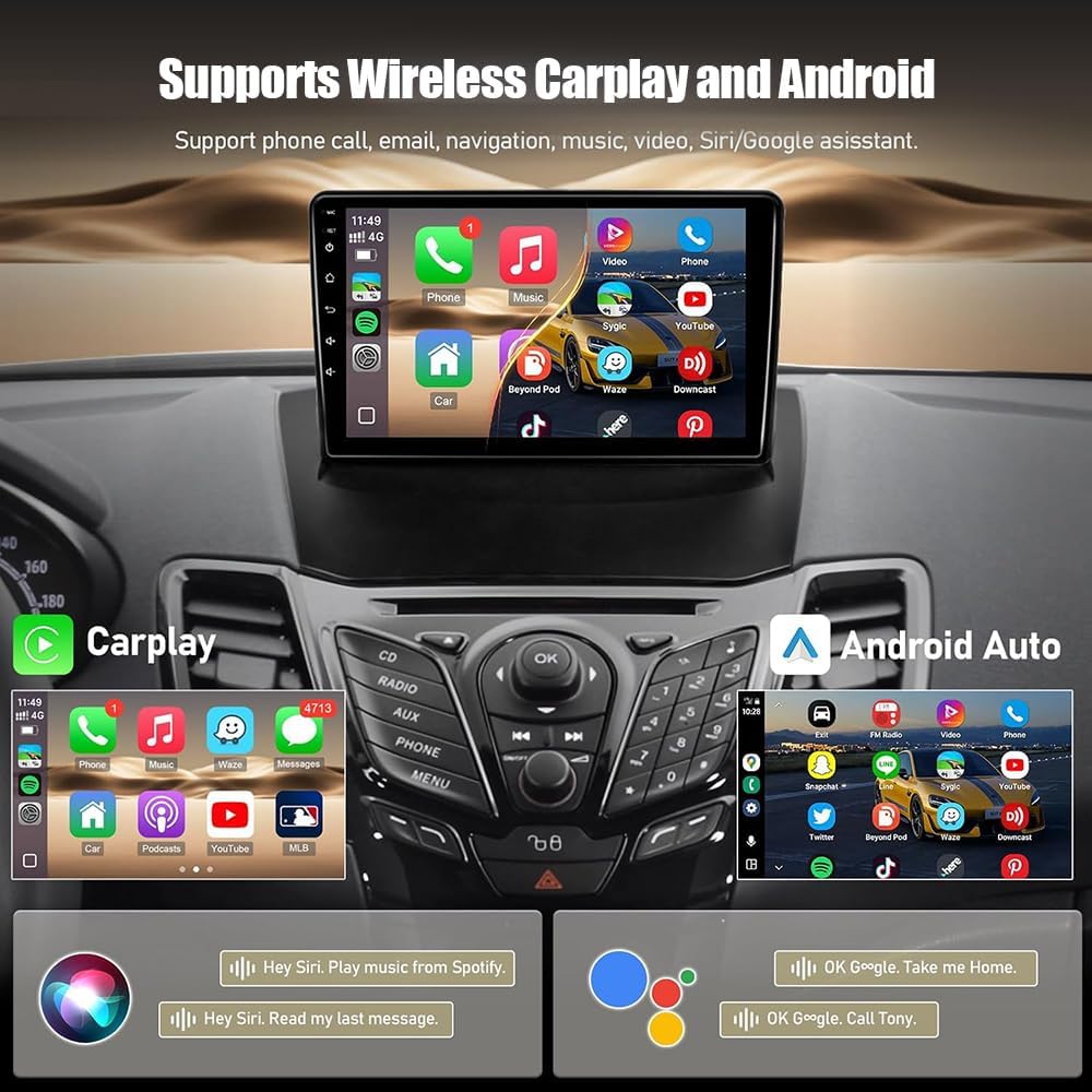 9"Android 15 Double Din Car Radio for Ford Fiesta 2013 2014 2015 2016 2017, 4 Core 2+64G Touch Screen Stereo for Ford Fiesta Head Unit Bluetooth with Wireless Carplay Android Backup Camera WiFi FM/RDS