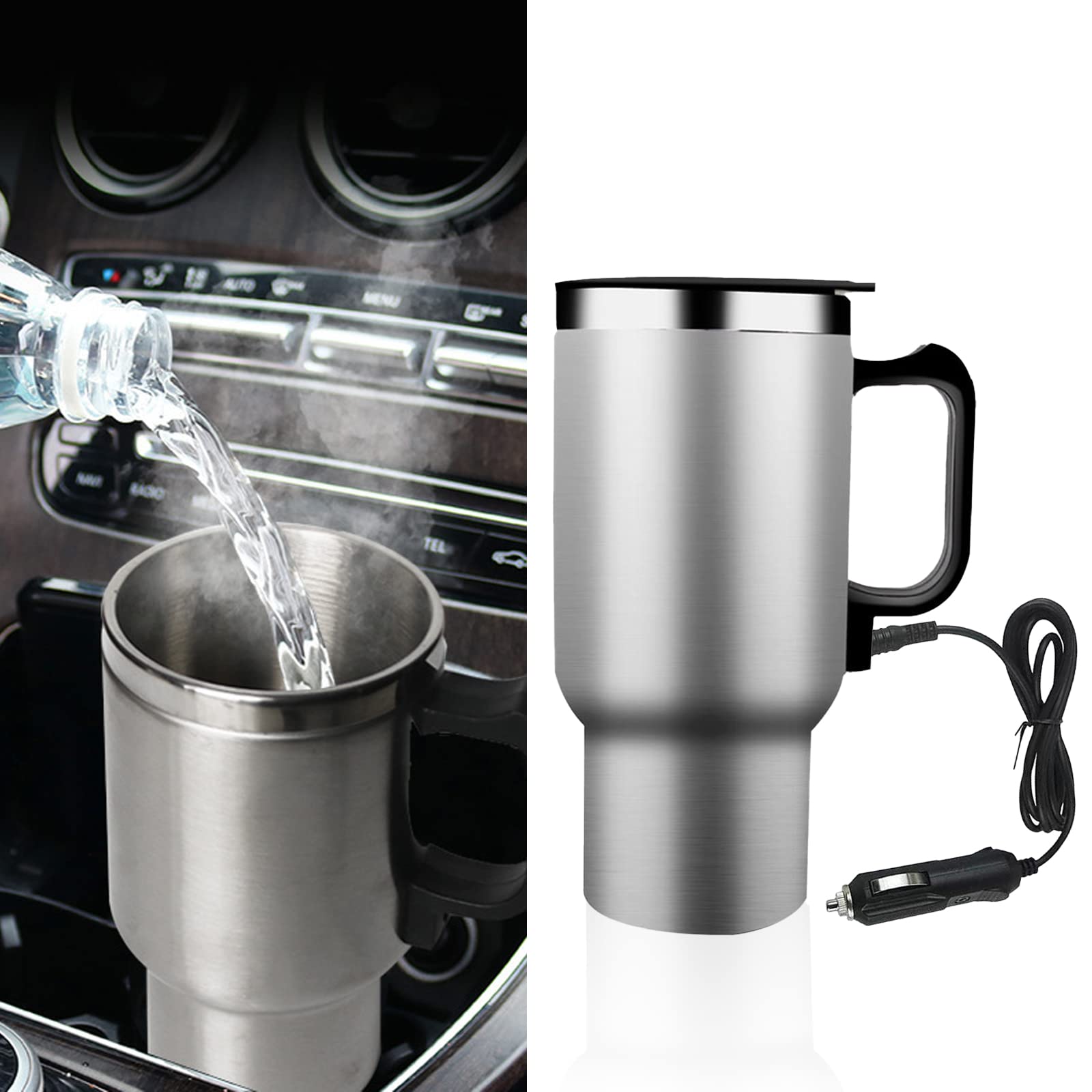 1 PC Car Heating Cup, 12V Car Heating Cup, Car Insulation Bottle, for Heating Water, Coffee, Milk, Tea (Silver)