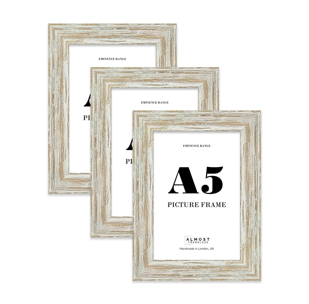 A5 Distressed White Oak Picture Frame - Rustic Wood Industrial Effect Photo Frame for Wall Display, Ideal for Posters, Prints & Home Décor, Wall Hooks and Kickstand, 32mm Edge - 3 Pack