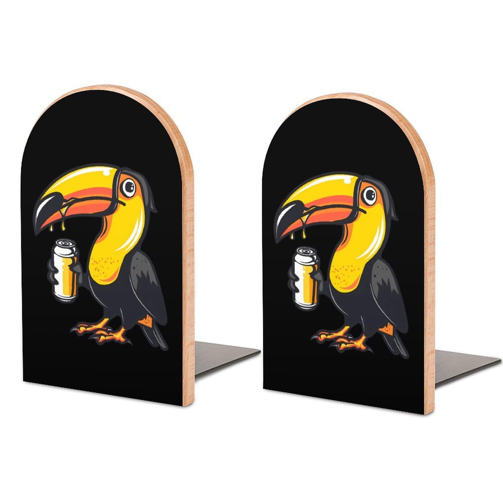 Toucan Beer Drinking Tropical Bird Book Ends Wood Non-Slip Books Stand Book Holders Book Stopper Organizer for Shelves Home Office