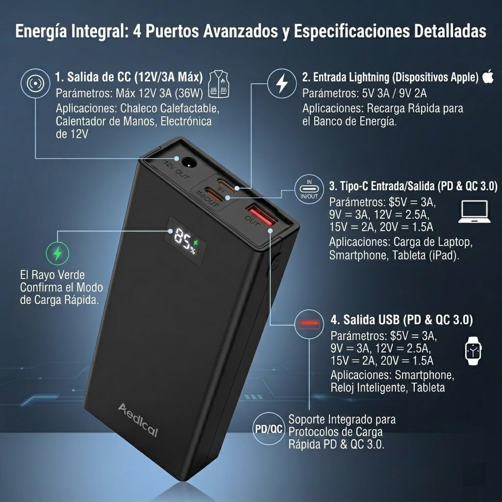 Power Bank 20000mAh con Salida DC 12V 3A, Batería Externa USB C PD QC 74W, Cargador Portátil para Portátil, Tablet y Móvi, Carga y Descarga Simultánea, for Laptop, iPhone, Samsung, iPad, xiaomi