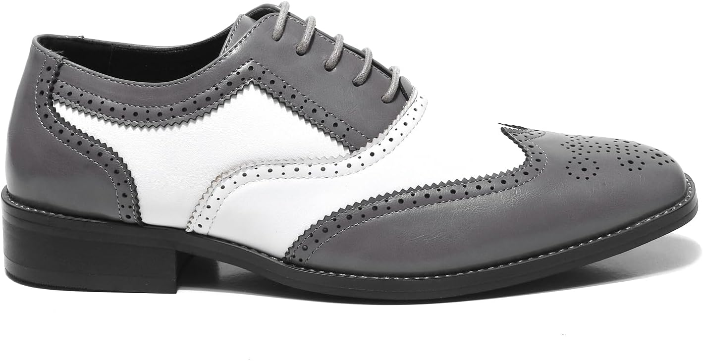 Metrocharm Two-Tone Wingtip Oxford Men’s Dress Shoes, Synthetic Leather, Brogue Style, Lace-Up Design for Formal Wear, MC118
