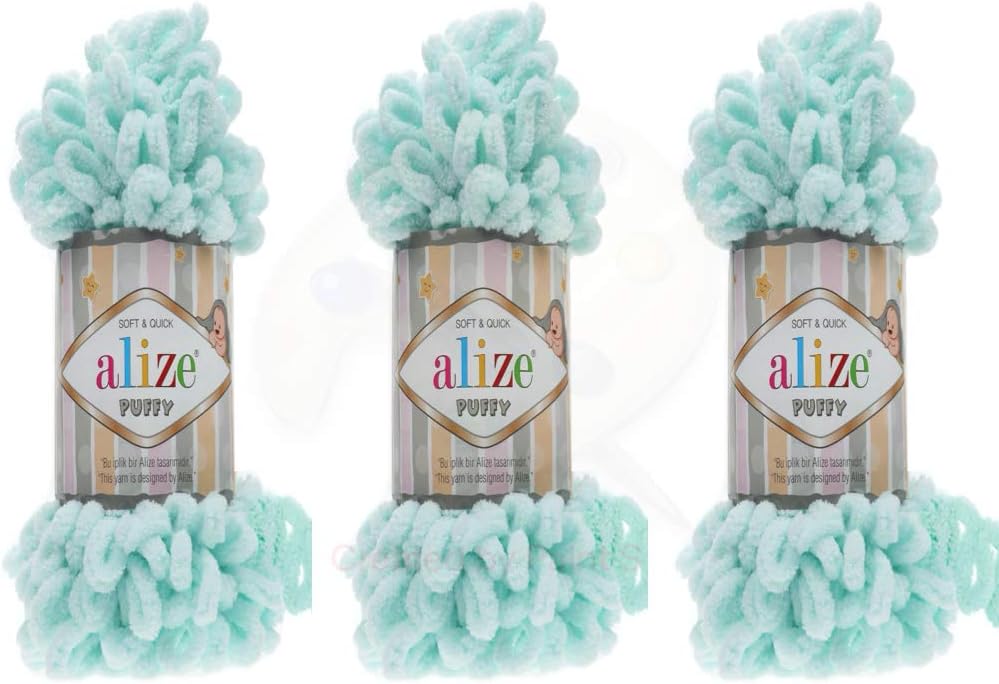 Alize Puffy Baby Blanket Lot of 3 - 300gr, 30yds, 100% Micropolyester Soft, Super Chunky Bulky Worested Yarn (Water Green)