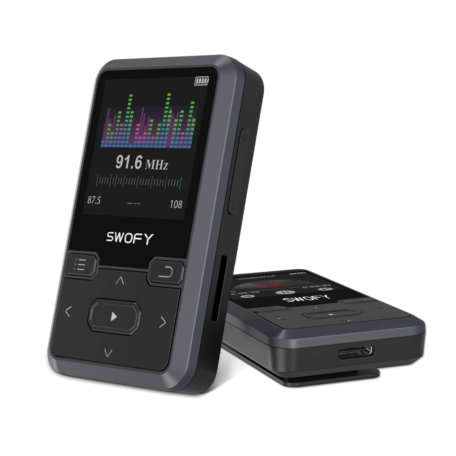 SWOFY M10 MP3 Player with Bluetooth 5.0, showing its compact black design with a screen and control buttons.