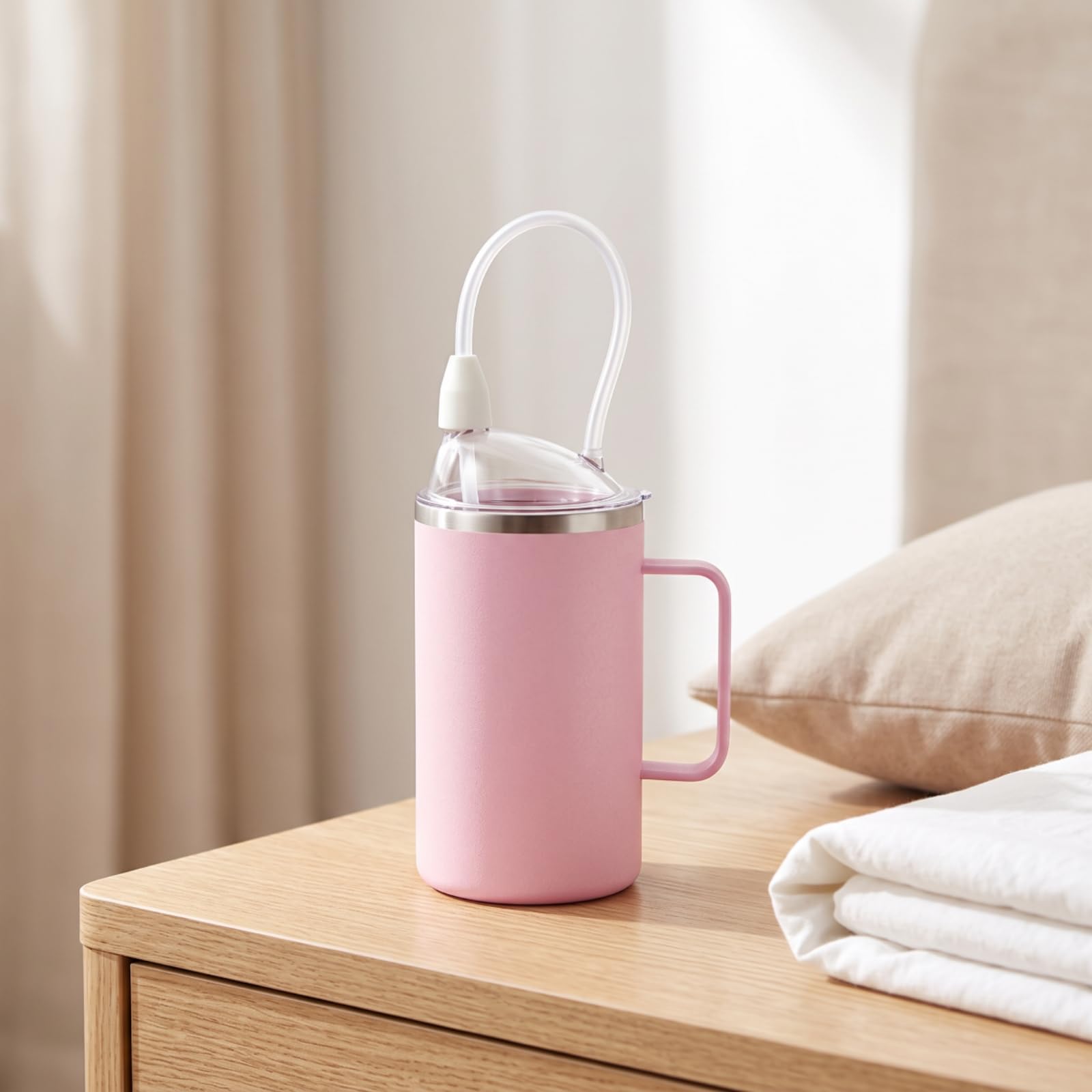 Bicchiere con Cannuccia, 珍珠白, 650ml | Impugnatura Laterale Ergonomica, Tazza da Degenza con Coperchio Trasparente, Acciaio Inox, Stoviglie, Anziani