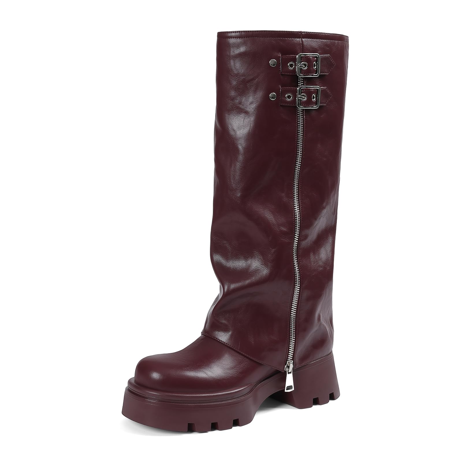 Lyrisiphy Knee High Boots for Women Foldover Wide Calf Pull on Cute Chunky Platform Riding Boots Fashion Long