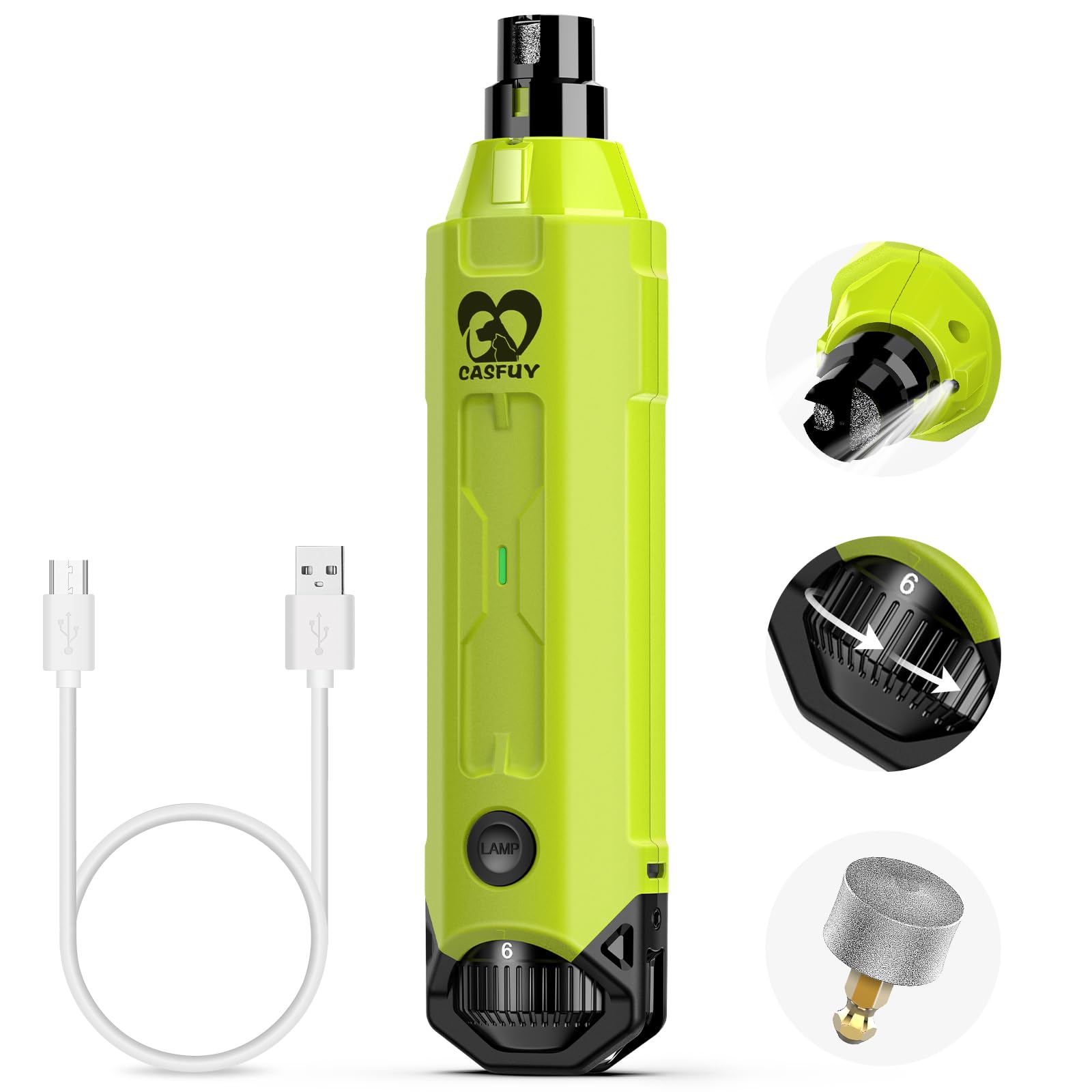 Casfuy 6-Speed Dog Nail Grinder - Newest Enhanced Pet Nail Grinder Super Quiet Rechargeable Electric Dog Nail Trimmer Painless Paws Grooming & Smoothing Tool for Large Medium Small Dogs (Green)