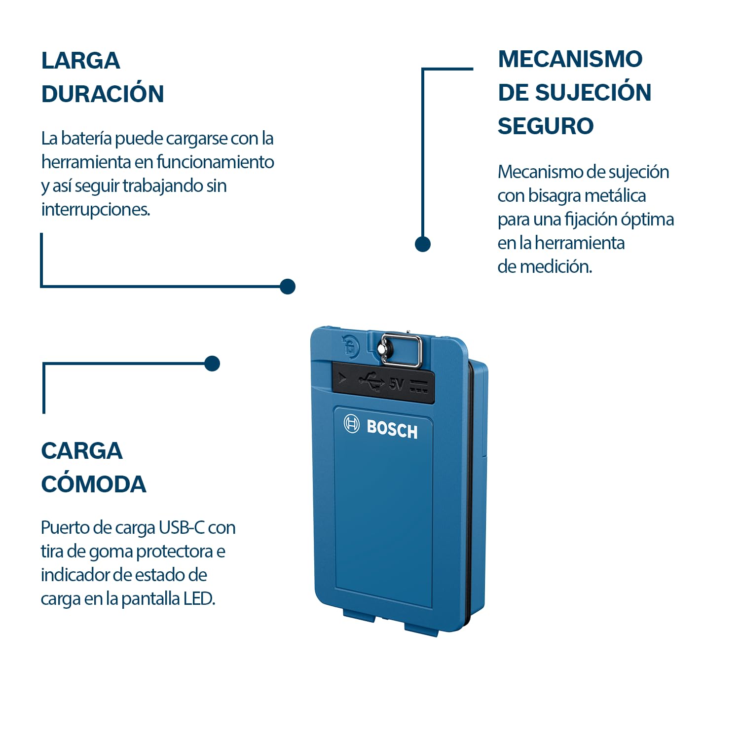 Batería de iones de litio BA 3.7V 3.0Ah XL de Bosch Professional (mecanismo de sujeción seguro, puerto de carga USB-C, doble fuente de alimentación)