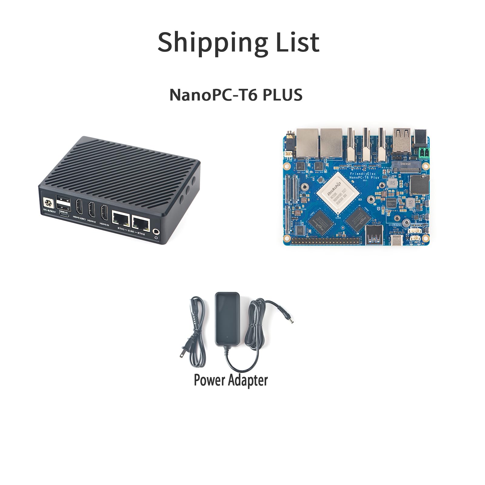 NanoPC-T6 Plus Mini Router WiFi, processore Octa Core RK3588, 16 GB LPDDR5 64 GB eMMC, M.2 B-Key per 4G LTE, supporto Dual 2.5G Ethernet/NVMe SSD/WiFi Module for Smart IoT Gateway (Power Kit, 16 + 64
