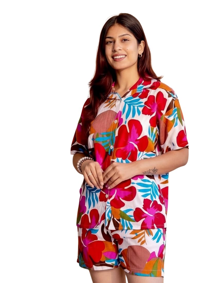 Women’s Floral Red Print Shirt & Shorts Co-ord Set for Comfortable Everyday Wear-image-27