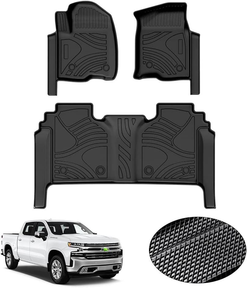 KUST Floor Mats for 2019-2025 Chevy Silverado 1500/GMC Sierra 1500, Rubber Mats Accessories for 2020-2025 Chevrolet Silverado/GMC Sierra 2500/3500 Crew Cab with Rear Underseat Storage Box All Weather