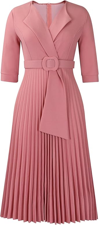 SOMTHRON Womens Elegant 3/4 Sleeve Blazer Dress V Neck Lapel Pleated Business Work Swing Midi Dress with Belt