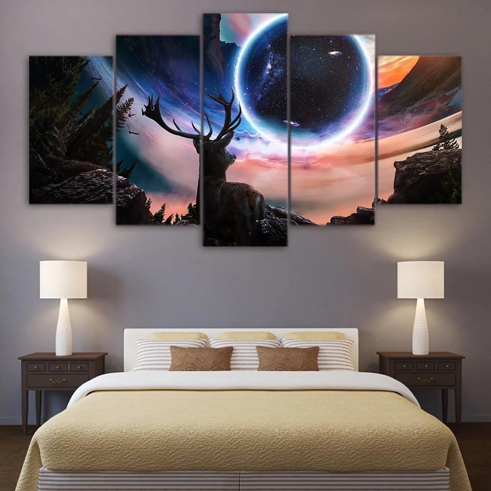 Grand tableau decoration murale salon cerf animal et lune 5 parties