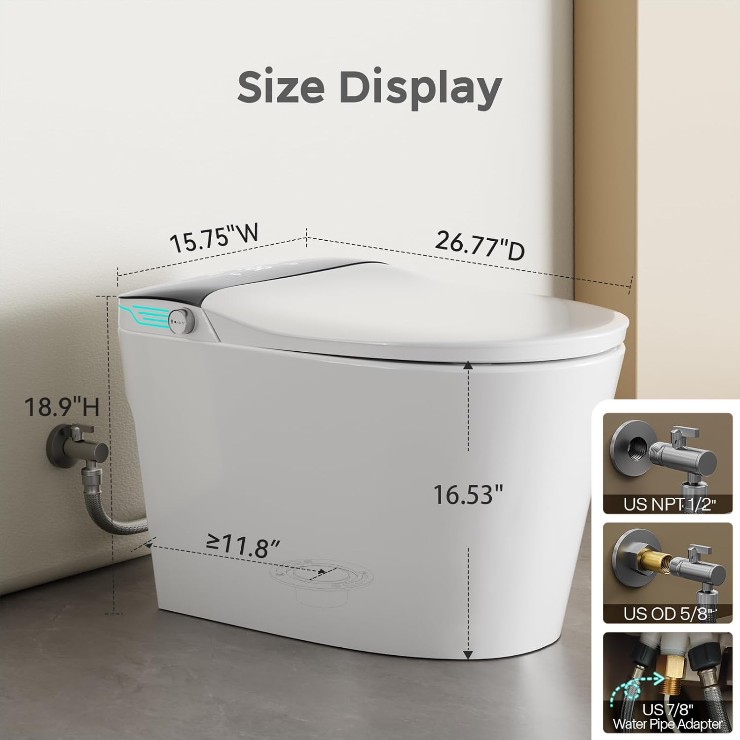 Dimensions of the WITMYA Smart Toilet, showing depth, width, and height measurements.