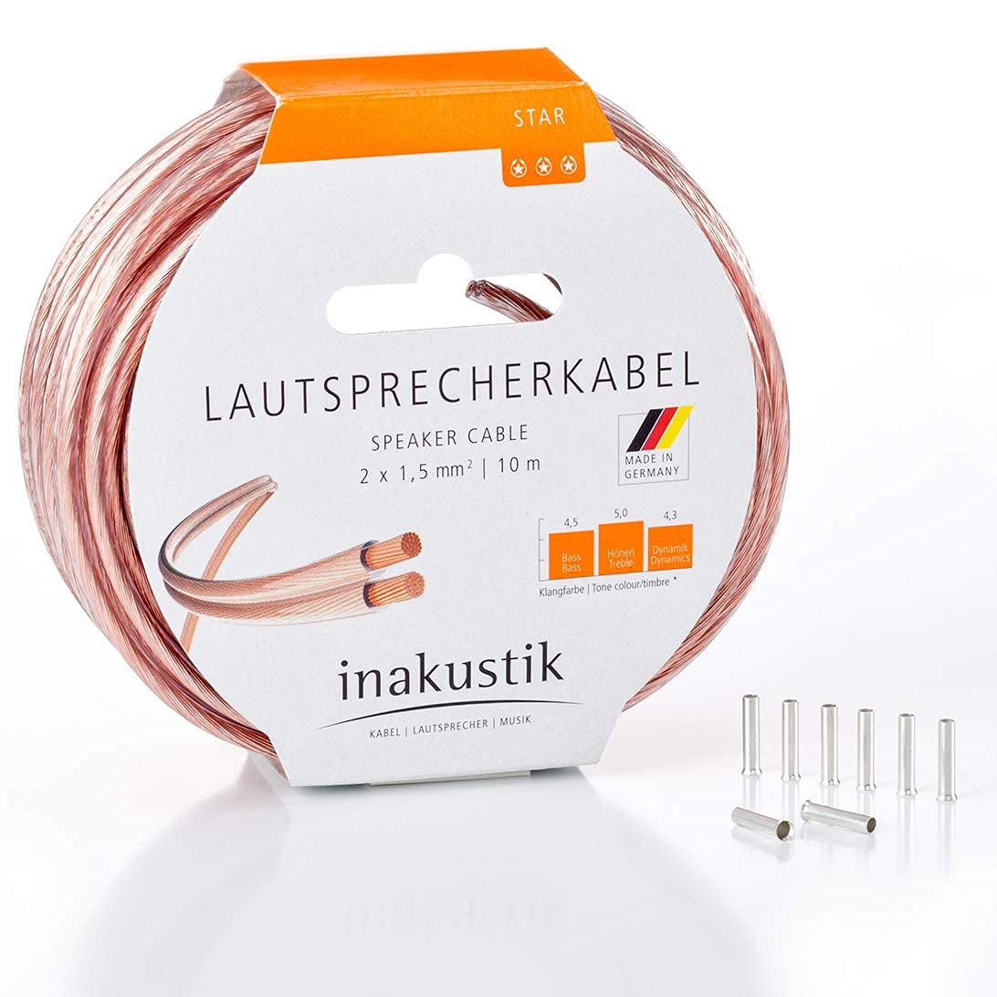 inakustik Cavo per altoparlante, 10 m, trasparente, 2 x 1,5 mm², con 8 manicotti terminali, corda S/Z amichevole, codificata, universale, articolo 003021010A, Made in Germany