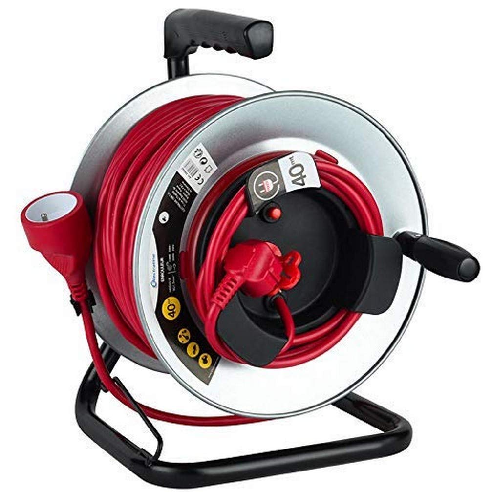 Electraline 208668 - Enrollador de jardín profesional con alargador de metal con platino fijo (40 m, H05VV-F 3G1,5 mm2, con guía para cable, color rojo